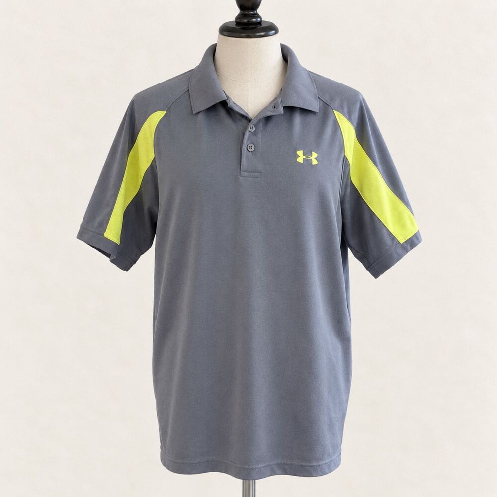 Under Armour HeatGear Mens Large Polo Gray Neon Yellow Golf Performance Shirt